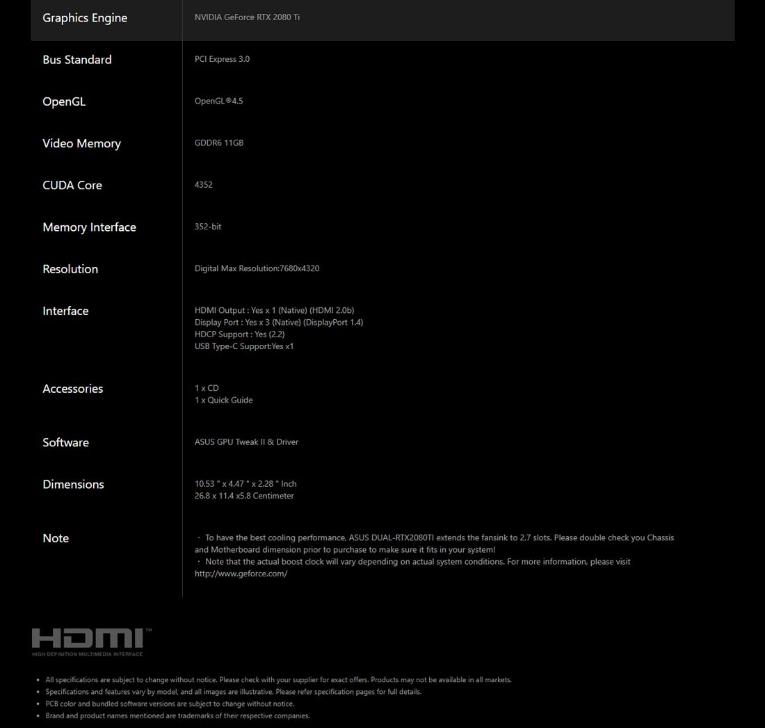 Asus Dual RTX 2080 TI Specification