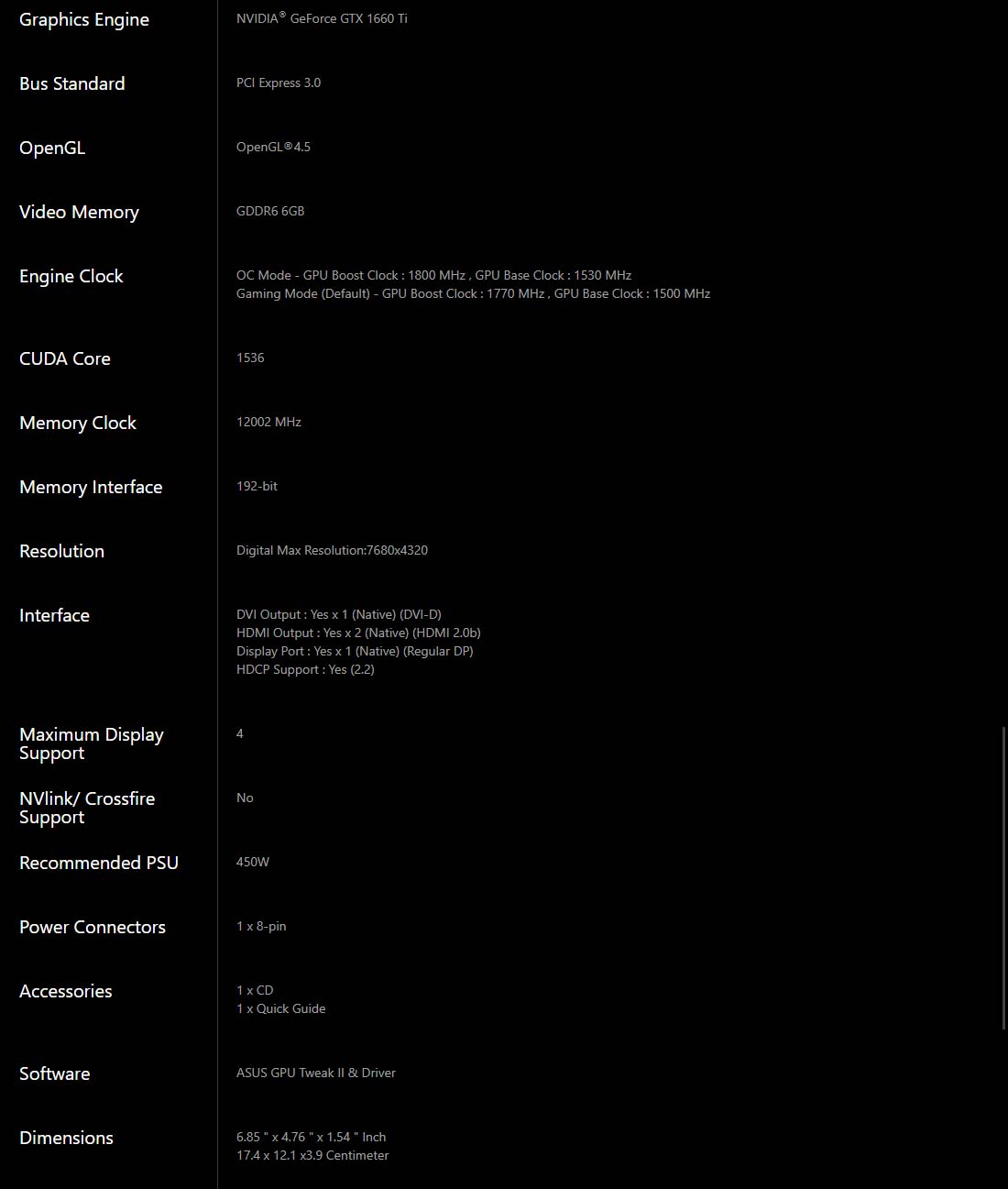 Asus GTX1660 TI Pheonix Specs