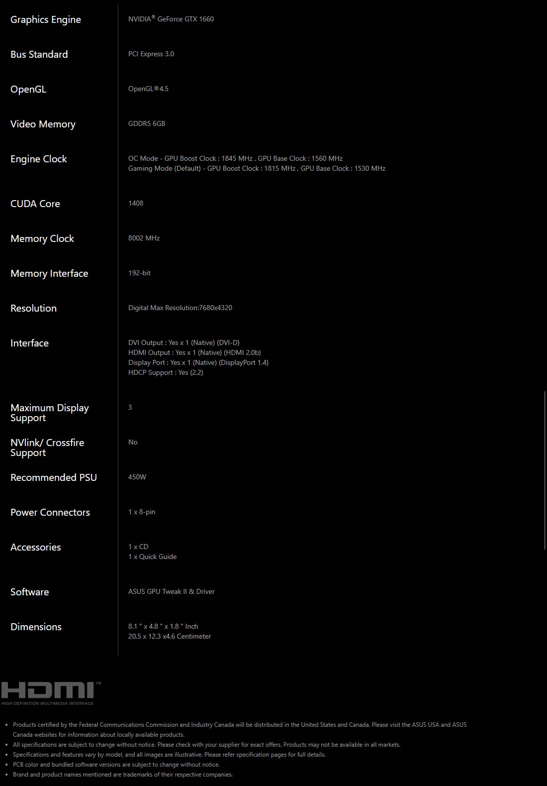 Asus TUF GTX1660 Specs