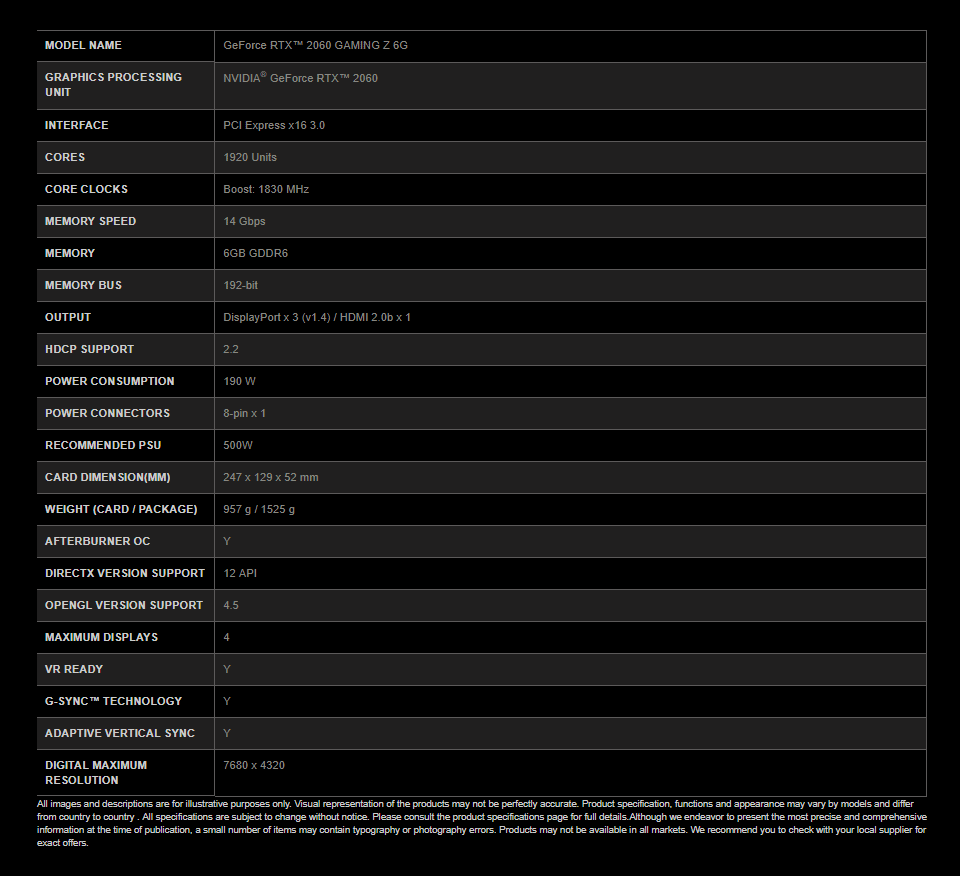 MSI RTX 2060 Gaming X 6GB Specifications